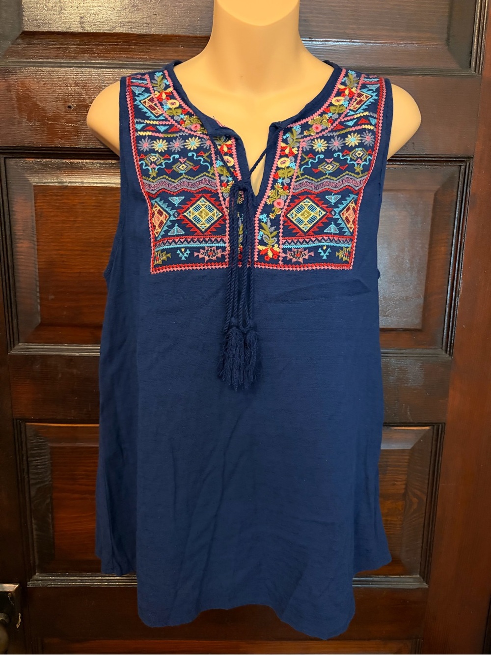 Andree Navy Embroidered Tassel V-Neck Camisole
